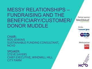 Drinks
sponsors:
MESSY RELATIONSHIPS –
FUNDRAISING AND THE
BENEFICIARY/CUSTOMER/
DONOR MUDDLE
CHAIR:
ROS JENKINS
SUSTAINABLE FUNDING CONSULTANT,
NCVO
SPEAKER:
STEVE SAYERS
CHIEF EXECUTIVE, WINDMILL HILL
CITY FARM
Partner sponsor:
Media partner:
 