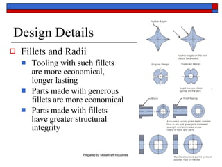 Design Details Fillets and Radii   Tooling with such fillets are more economical, longer lasting Parts made with generous fillets are more economical Parts made with fillets have greater structural integrity 