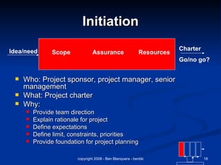 Initiation Who: Project sponsor, project manager, senior management What: Project charter Why: Provide team direction Explain rationale for project Define expectations Define limit, constraints, priorities Provide foundation for project planning Assurance Resources Scope Idea/need Charter Go/no go? 
