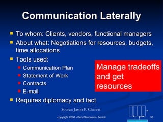Communication Laterally To whom: Clients, vendors, functional managers About what: Negotiations for resources, budgets, time allocations Tools used: Communication Plan Statement of Work Contracts E-mail Requires diplomacy and tact  Source: Jason P. Charvat Manage tradeoffs and get  resources 