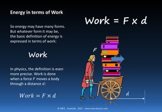 © ABCC Australia 2015 www.new-physics.com
Energy in terms of Work
So energy may have many forms.
But whatever form it may be,
the basic definition of energy is
expressed in terms of work:
Work
In physics, the definition is even
more precise. Work is done
when a force 𝐹𝐹 moves a body
through a distance 𝑑𝑑:
𝑊𝑊𝑊𝑊𝑊𝑊𝑊𝑊 = 𝐹𝐹 × 𝑑𝑑 d
F
Work = F x d
 