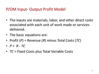 P/OM Input- Output Profit Model
• The inputs are materials, labor, and other direct costs
associated with each unit of wor...