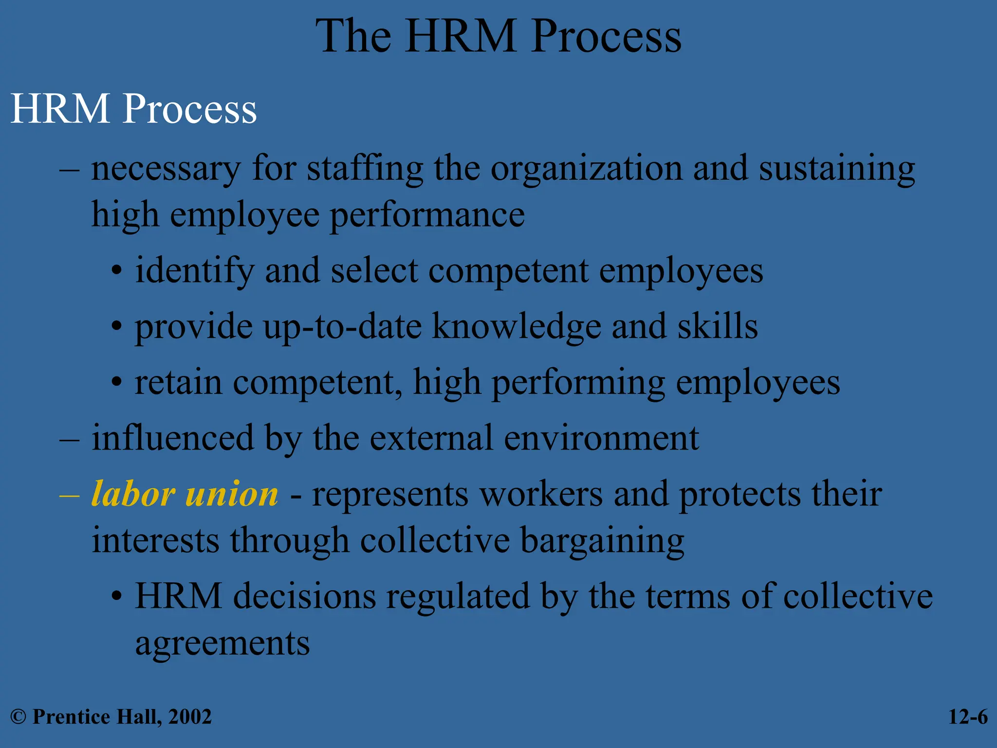 The HRM Process
HRM Process
– necessary for staffing the organization and sustaining
high employee performance
• identify and select competent employees
• provide up-to-date knowledge and skills
• retain competent, high performing employees
– influenced by the external environment
– labor union - represents workers and protects their
interests through collective bargaining
• HRM decisions regulated by the terms of collective
agreements
© Prentice Hall, 2002 12-6
 