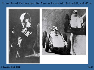 Examples of Pictures used for Asscess Levels of nAch, nAff, and aPow
© Prentice Hall, 2002 16-15
 