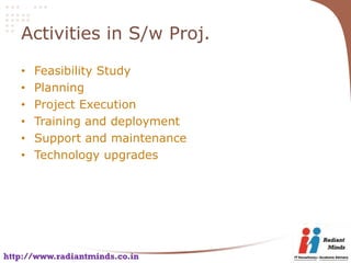 Activities in S/w Proj.

   •   Feasibility Study
   •   Planning
   •   Project Execution
   •   Training and deployment
   •   Support and maintenance
   •   Technology upgrades




http://www.radiantminds.co.in
 