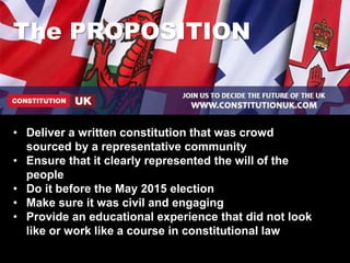 The PROPOSITION
• Deliver a written constitution that was crowd
sourced by a representative community
• Ensure that it cle...
