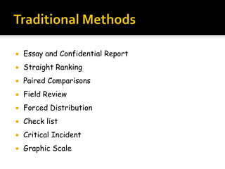  Essay and Confidential Report
 Straight Ranking
 Paired Comparisons
 Field Review
 Forced Distribution
 Check list
 Critical Incident
 Graphic Scale
 