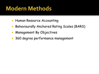  Human Resource Accounting
 Behaviourally Anchored Rating Scales (BARS)
 Management By Objectives
 360 degree performance management
 