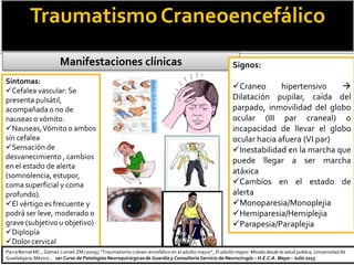 TraumatismoCraneoencefálico
Manifestaciones clínicas
Síntomas:
Cefalea vascular: Se
presenta pulsátil,
acompañada o no de
nauseas o vómito.
Nauseas,Vómito o ambos
sín cefalea
Sensación de
desvanecimiento , cambios
en el estado de alerta
(somnolencia, estupor,
coma superficial y coma
profundo).
El vértigo es frecuente y
podrá ser leve, moderado o
grave (subjetivo u objetivo)
Diplopía
Dolor cervical
Signos:
Craneo hipertensivo 
Dilatación pupilar, caída del
parpado, inmovilidad del globo
ocular (III par craneal) o
incapacidad de llevar el globo
ocular hacia afuera (VI par)
Inestabilidad en la marcha que
puede llegar a ser marcha
atáxica
Cambios en el estado de
alerta
Monoparesia/Monoplejia
Hemiparesia/Hemiplejia
Parapesia/Paraplejia
ParraBernal MC.; Gómez Lomelí ZM (2009), “Traumatismo cráneo-encefálico en el adulto mayor”, El adulto mayor: Mirada desde la salud publica, Universidad de
Guadalajara,México… 1er Curso de PatologíasNeuroquirúrgicasde Guardiay ConsultorioServicio de Neurocirugía – H.E.C.A. Mayo – Julio 2013
 