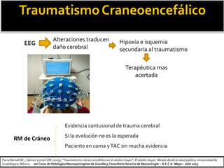 RM de Cráneo
Evidencia contusional de trauma cerebral
Si la evolución no es la esperada
Paciente en coma yTAC sin mucha evidencia
EEG
TraumatismoCraneoencefálico
Alteraciones traducen
daño cerebral
Hipoxia e isquemia
secundaria al traumatismo
Terapéutica mas
acertada
ParraBernal MC.; Gómez Lomelí ZM (2009), “Traumatismo cráneo-encefálico en el adulto mayor”, El adulto mayor: Mirada desde la salud publica, Universidad de
Guadalajara,México… 1er Curso de PatologíasNeuroquirúrgicasde Guardiay ConsultorioServicio de Neurocirugía – H.E.C.A. Mayo – Julio 2013
 