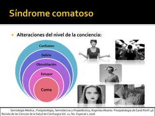  Alteraciones del nivel de la conciencia:
Semiología Medica , Fisiopatología, Semiotecnia y Propedéutica, Argentes Alvares- Fisiopatología de Carol Porth 46
Revista de las Ciencias de la Salud de Cienfuegos Vol. 11, No. Especial 1 2006
Confusion
Delirio
Obnubilación
Estupor
Coma
 