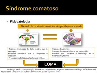  Fisiopatología
El estado de conciencia es una función global que comprende
• Procesos intrínsecos del tallo cerebral que lo
destruyen.
•Procesos extrínsecos que lo comprimen o
desplacen.
•Procesos metabólicos que lo alteran o inhiben.
•Procesos de volumen.
•Procesos de manera indirecta por compresión.
•Procesos por isquemia o hemorragia en el
mesencéfalo y tálamo.
COMA
Semiología Medica , Fisiopatología, Semiotecnia y Propedéutica, Argentes Alvares- Fisiopatología de Carol Porth 46
Revista de las Ciencias de la Salud de Cienfuegos Vol. 11, No. Especial 1 2006
 