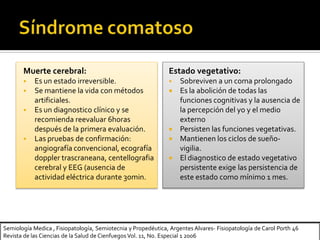 Muerte cerebral:
 Es un estado irreversible.
 Se mantiene la vida con métodos
artificiales.
 Es un diagnostico clínico y se
recomienda reevaluar 6horas
después de la primera evaluación.
 Las pruebas de confirmación:
angiografía convencional, ecografía
doppler trascraneana, centellografia
cerebral y EEG (ausencia de
actividad eléctrica durante 3omin.
Estado vegetativo:
 Sobreviven a un coma prolongado
 Es la abolición de todas las
funciones cognitivas y la ausencia de
la percepción del yo y el medio
externo
 Persisten las funciones vegetativas.
 Mantienen los ciclos de sueño-
vigilia.
 El diagnostico de estado vegetativo
persistente exige las persistencia de
este estado como mínimo 1 mes.
Semiología Medica , Fisiopatología, Semiotecnia y Propedéutica, Argentes Alvares- Fisiopatología de Carol Porth 46
Revista de las Ciencias de la Salud de Cienfuegos Vol. 11, No. Especial 1 2006
 
