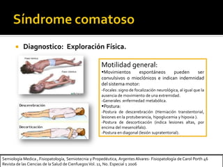 Semiología Medica , Fisiopatología, Semiotecnia y Propedéutica, Argentes Alvares- Fisiopatología de Carol Porth 46
Revista de las Ciencias de la Salud de Cienfuegos Vol. 11, No. Especial 1 2006
 Diagnostico: Exploración Física.
Motilidad general:
Movimientos espontáneos pueden ser
convulsivos o mioclónicos e indican indemnidad
del sistema motor:
-Focales :signo de focalización neurológica, al igual que la
ausencia de movimiento de una extremidad.
-Generales :enfermedad metabólica.
Postura:
-Postura de descerebración (Herniación transtentorial,
lesiones en la protuberancia, hipoglucemia y hipoxia ).
-Postura de descorticación (indica lesiones altas, por
encima del mesencéfalo).
-Postura en diagonal (lesión supratentorial).
 
