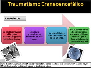 TraumatismoCraneoencefálico
En adultos mayores
elTC grave
ocasiona el 95% de
los fallecimientos.
Es la causa
quirúrgica mas
frecuente en esta
edad.
La mortalidad es
mayor en pacientes
de 6 a 69 años.
La causa de muerte
del traumatismo
craneoencefálico es
el edema grave
desarrollado por la
contusión cerebral
Parra Bernal MC.; Gómez Lomelí ZM (2009), “Traumatismo cráneo-encefálico en el adulto mayor”, El adulto mayor:
Mirada desde la salud publica, Universidad de Guadalajara, México
Antecedentes
 