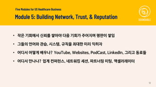 12
• 작은 기회에서 신뢰를 쌓아야 다음 기회가 주어지며 평판이 쌓임
• 그들의 언어와 관습, 시스템, 규칙을 최대한 미리 익히자
• 어디서 어떻게 배우나? YouTube, Websites, PodCast, LinkedIn, 그리고 동료들
• 어디서 만나나? 업계 컨퍼런스, 네트워킹 세션, 파트너링 미팅, 액셀러레이터
Module 5: Building Network, Trust, & Reputation
Five Modules for US Healthcare Business
 