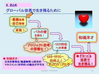 ６ まとめ

 グローバル世界で生き残るために

   ・意識改革
   ・自己啓発

     本気！    ・バカの壁
             を破る！
                                         和魂洋才
           プロジェクト思考             ・ﾘｽｸ対応
            の習慣化！                への準備


                       ﾘｽｸ・ﾘﾃﾗｼｰ      ● ｸﾞﾛｰﾊﾞﾙ
◆ 和魂洋才：
日本的管理法（融通無碍）と欧米的         の向上！           世界で
マネジメント（科学的）の融合が不可欠      ＰＪｴﾝｼﾞﾆｱﾘﾝｸﾞ！ 生き残る！
                Copyright : T.Hamamoto       26
 