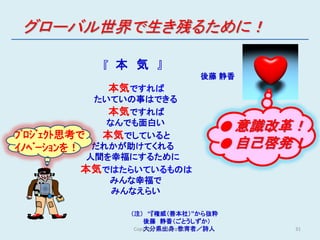 グローバル世界で生き残るために！

           『 本 気 』
                                 後藤 静香
            本気ですれば
             たいていの事はできる
               本気ですれば
               なんでも面白い
                                         ● 意識改革！
ﾌﾟﾛｼﾞｪｸﾄ思考で   本気でしていると
ｲﾉﾍﾞｰｼｮﾝを！ だれかが助けてくれる                    ● 自己啓発！
            人間を幸福にするために
           本気ではたらいているものは
               みんな幸福で
                みんなえらい

               （注） “『権威（善本社）”から抜粋
                   後藤 静香（ごとうしずか）
                   大分県出身：教育者／詩人
                Copyright : T.Hamamoto         31
 
