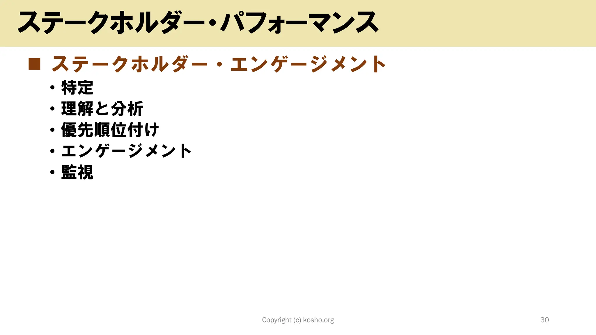 ◼ ステークホルダー・エンゲージメント
• 特定
• 理解と分析
• 優先順位付け
• エンゲージメント
• 監視
Copyright (c) kosho.org 30
ステークホルダー・パフォーマンス
 