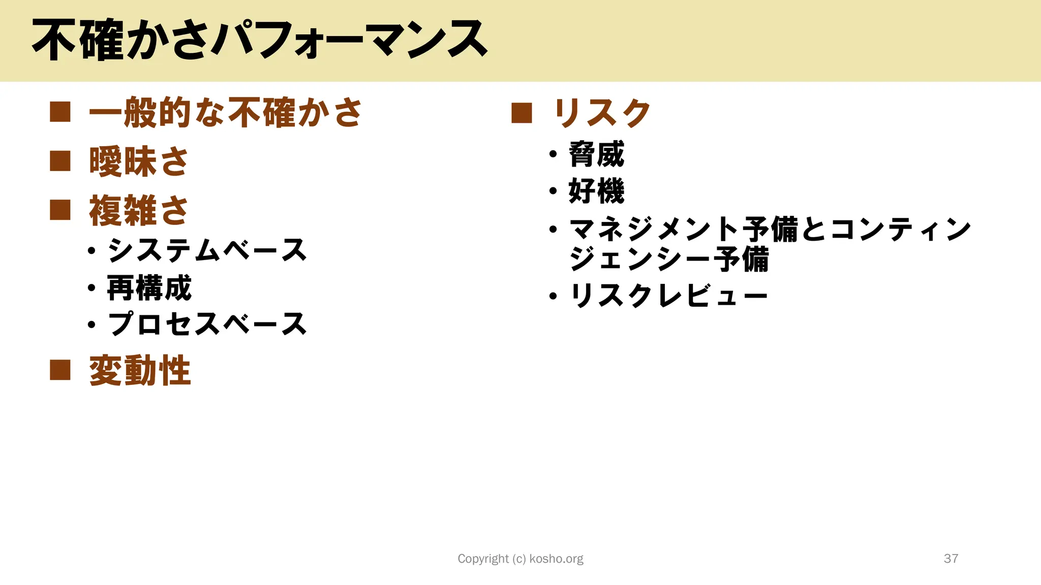 Copyright (c) kosho.org 37
不確かさパフォーマンス
◼ 一般的な不確かさ
◼ 曖昧さ
◼ 複雑さ
• システムベース
• 再構成
• プロセスベース
◼ 変動性
◼ リスク
• 脅威
• 好機
• マネジメント予備とコンティン
ジェンシー予備
• リスクレビュー
 