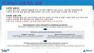 국제공인프로젝트관리전문가
(PMP자격취득)
11
IT 서비스 프로젝트 실패
프로젝트 실패요인
 수행사: 원가 부족, 수행역량 미흡(품질 저하), 관리역량 미흡(Plan, Risks, Issues), 소통 미흡, 경영층지원미흡
 발주사: 요구사항 변경, 협조사항 미흡(요건정의, 기간 내 검수, 데이터 정제), 의사결정 지연 및 잘못
프로젝트 실패시 여파
 수행사: 프로젝트 일정 지연, 인력 추가투입, 비용 추가, 참여자 사기 저하 및 저평가, 책임자 문책, 기업 이미지 하락
 발주사: 프로젝트 추진 목적 달성 지연, 경쟁력 저하, 책임자 문책
 법적 책임: 지체상금, 손해배상, 소송 비용, 부정당 업체 지정(국가 및 공공기관)
 