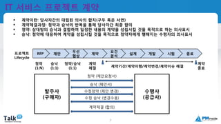 국제공인프로젝트관리전문가
(PMP자격취득)
7
IT 서비스 프로젝트 계약
 계약이란: 당사자간의 대립된 의사의 합치(구두 혹은 서면)
 계약체결과정: 청약과 승낙의 반복을 통해 당사자간 최종 합의
 청약: 상대방의 승낙과 결합하여 일정한 내용의 계약을 성립시킬 것을 목적으로 하는 의사표시
 승낙: 청약에 대응하여 계약을 성립시킬 것을 목적으로 청약자에게 행해지는 수령자의 의사표시
RFP
요건
분석
우선
협상
개발설계 시험 종료프로젝트
Lifecycle
제안 계약
청약
(1:N)
승낙
(1:1)
청약/승낙
(1:1)
계약
체결
계약
종료계약기간/계약이행/계약변경/계약이슈 해결
발주사
(구매자)
수행사
(공급사)
청약 (제안요청서)
승낙 (제안서)
수정청약 (제안 변경)
수정 승낙 (변경수용)
계약체결 (합의)
 
