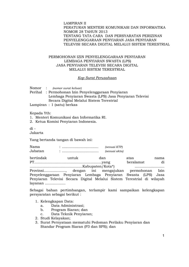 Peraturan Menteri Kominfo No. 28 Tahun 2013 tentang Tata Cara dan
