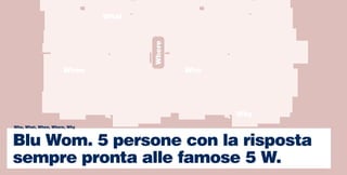 What




                                     Where
                     When                    Who




                                                   Why
Who, What, When, Where, Why



Blu Wom. 5 persone con la risposta
sempre pronta alle famose 5 W.
 