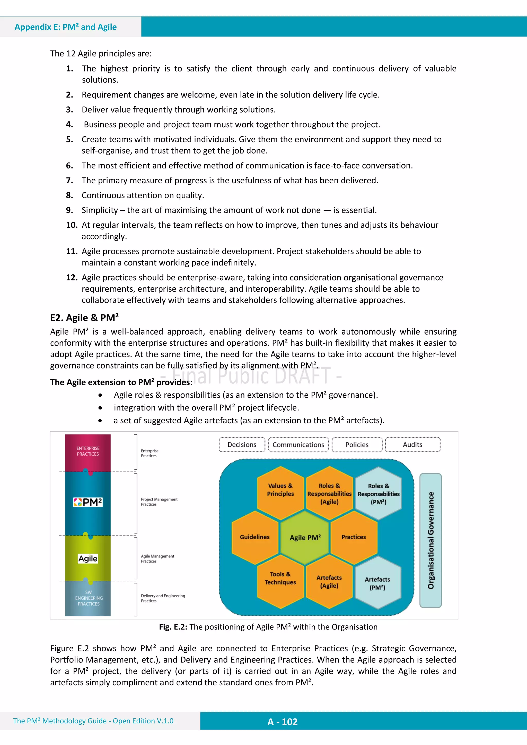 A - 102The PM² Methodology Guide - Open Edition V.1.0
Appendix E: PM² and Agile
The 12 Agile principles are:
1. The highest priority is to satisfy the client through early and continuous delivery of valuable
solutions.
2. Requirement changes are welcome, even late in the solution delivery life cycle.
3. Deliver value frequently through working solutions.
4. Business people and project team must work together throughout the project.
5. Create teams with motivated individuals. Give them the environment and support they need to
self-organise, and trust them to get the job done.
6. The most efficient and effective method of communication is face-to-face conversation.
7. The primary measure of progress is the usefulness of what has been delivered.
8. Continuous attention on quality.
9. Simplicity – the art of maximising the amount of work not done — is essential.
10. At regular intervals, the team reflects on how to improve, then tunes and adjusts its behaviour
accordingly.
11. Agile processes promote sustainable development. Project stakeholders should be able to
maintain a constant working pace indefinitely.
12. Agile practices should be enterprise-aware, taking into consideration organisational governance
requirements, enterprise architecture, and interoperability. Agile teams should be able to
collaborate effectively with teams and stakeholders following alternative approaches.
E2. Agile & PM²
Agile PM² is a well-balanced approach, enabling delivery teams to work autonomously while ensuring
conformity with the enterprise structures and operations. PM² has built-in flexibility that makes it easier to
adopt Agile practices. At the same time, the need for the Agile teams to take into account the higher-level
governance constraints can be fully satisfied by its alignment with PM².
The Agile extension to PM² provides:
 Agile roles & responsibilities (as an extension to the PM² governance).
 integration with the overall PM² project lifecycle.
 a set of suggested Agile artefacts (as an extension to the PM² artefacts).
Fig. E.2: The positioning of Agile PM² within the Organisation
Figure E.2 shows how PM² and Agile are connected to Enterprise Practices (e.g. Strategic Governance,
Portfolio Management, etc.), and Delivery and Engineering Practices. When the Agile approach is selected
for a PM² project, the delivery (or parts of it) is carried out in an Agile way, while the Agile roles and
artefacts simply compliment and extend the standard ones from PM².
 