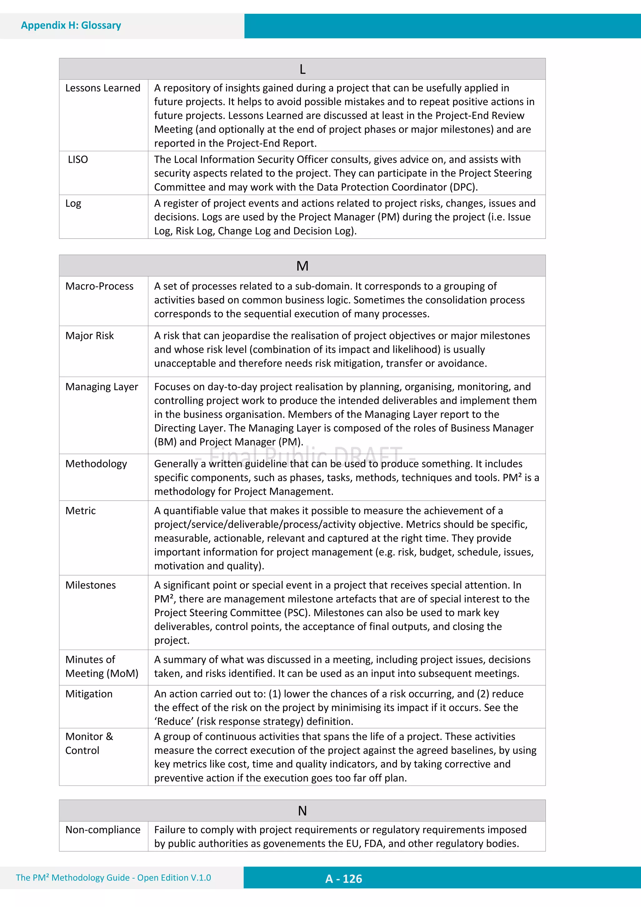 A - 126The PM² Methodology Guide - Open Edition V.1.0
Appendix H: Glossary
L
Lessons Learned A repository of insights gained during a project that can be usefully applied in
future projects. It helps to avoid possible mistakes and to repeat positive actions in
future projects. Lessons Learned are discussed at least in the Project-End Review
Meeting (and optionally at the end of project phases or major milestones) and are
reported in the Project-End Report.
LISO The Local Information Security Officer consults, gives advice on, and assists with
security aspects related to the project. They can participate in the Project Steering
Committee and may work with the Data Protection Coordinator (DPC).
Log A register of project events and actions related to project risks, changes, issues and
decisions. Logs are used by the Project Manager (PM) during the project (i.e. Issue
Log, Risk Log, Change Log and Decision Log).
M
Macro-Process A set of processes related to a sub-domain. It corresponds to a grouping of
activities based on common business logic. Sometimes the consolidation process
corresponds to the sequential execution of many processes.
Major Risk A risk that can jeopardise the realisation of project objectives or major milestones
and whose risk level (combination of its impact and likelihood) is usually
unacceptable and therefore needs risk mitigation, transfer or avoidance.
Managing Layer Focuses on day-to-day project realisation by planning, organising, monitoring, and
controlling project work to produce the intended deliverables and implement them
in the business organisation. Members of the Managing Layer report to the
Directing Layer. The Managing Layer is composed of the roles of Business Manager
(BM) and Project Manager (PM).
Methodology Generally a written guideline that can be used to produce something. It includes
specific components, such as phases, tasks, methods, techniques and tools. PM² is a
methodology for Project Management.
Metric A quantifiable value that makes it possible to measure the achievement of a
project/service/deliverable/process/activity objective. Metrics should be specific,
measurable, actionable, relevant and captured at the right time. They provide
important information for project management (e.g. risk, budget, schedule, issues,
motivation and quality).
Milestones A significant point or special event in a project that receives special attention. In
PM², there are management milestone artefacts that are of special interest to the
Project Steering Committee (PSC). Milestones can also be used to mark key
deliverables, control points, the acceptance of final outputs, and closing the
project.
Minutes of
Meeting (MoM)
A summary of what was discussed in a meeting, including project issues, decisions
taken, and risks identified. It can be used as an input into subsequent meetings.
Mitigation An action carried out to: (1) lower the chances of a risk occurring, and (2) reduce
the effect of the risk on the project by minimising its impact if it occurs. See the
‘Reduce’ (risk response strategy) definition.
Monitor &
Control
A group of continuous activities that spans the life of a project. These activities
measure the correct execution of the project against the agreed baselines, by using
key metrics like cost, time and quality indicators, and by taking corrective and
preventive action if the execution goes too far off plan.
N
Non-compliance Failure to comply with project requirements or regulatory requirements imposed
by public authorities as govenements the EU, FDA, and other regulatory bodies.
 