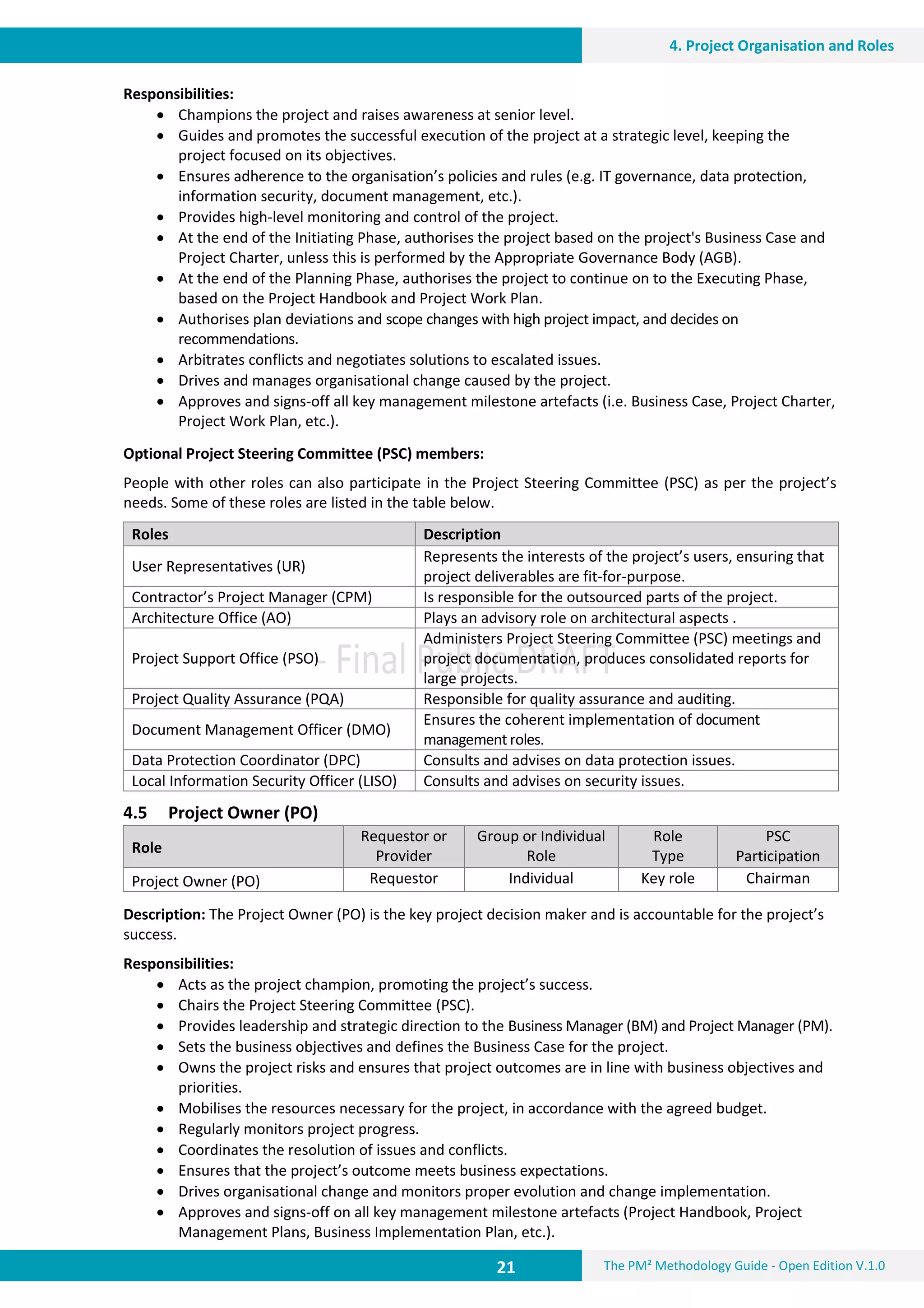 21 The PM² Methodology Guide - Open Edition V.1.0
4. Project Organisation and Roles
Responsibilities:
 Champions the project and raises awareness at senior level.
 Guides and promotes the successful execution of the project at a strategic level, keeping the
project focused on its objectives.
 Ensures adherence to the organisation’s policies and rules (e.g. IT governance, data protection,
information security, document management, etc.).
 Provides high-level monitoring and control of the project.
 At the end of the Initiating Phase, authorises the project based on the project's Business Case and
Project Charter, unless this is performed by the Appropriate Governance Body (AGB).
 At the end of the Planning Phase, authorises the project to continue on to the Executing Phase,
based on the Project Handbook and Project Work Plan.
 Authorises plan deviations and scope changes with high project impact, and decides on
recommendations.
 Arbitrates conflicts and negotiates solutions to escalated issues.
 Drives and manages organisational change caused by the project.
 Approves and signs-off all key management milestone artefacts (i.e. Business Case, Project Charter,
Project Work Plan, etc.).
Optional Project Steering Committee (PSC) members:
People with other roles can also participate in the Project Steering Committee (PSC) as per the project’s
needs. Some of these roles are listed in the table below.
Roles Description
User Representatives (UR)
Represents the interests of the project’s users, ensuring that
project deliverables are fit-for-purpose.
Contractor’s Project Manager (CPM) Is responsible for the outsourced parts of the project.
Architecture Office (AO) Plays an advisory role on architectural aspects .
Project Support Office (PSO)
Administers Project Steering Committee (PSC) meetings and
project documentation, produces consolidated reports for
large projects.
Project Quality Assurance (PQA) Responsible for quality assurance and auditing.
Document Management Officer (DMO)
Ensures the coherent implementation of document
management roles.
Data Protection Coordinator (DPC) Consults and advises on data protection issues.
Local Information Security Officer (LISO) Consults and advises on security issues.
4.5 Project Owner (PO)
Role
Requestor or
Provider
Group or Individual
Role
Role
Type
PSC
Participation
Project Owner (PO) Requestor Individual Key role Chairman
Description: The Project Owner (PO) is the key project decision maker and is accountable for the project’s
success.
Responsibilities:
 Acts as the project champion, promoting the project’s success.
 Chairs the Project Steering Committee (PSC).
 Provides leadership and strategic direction to the Business Manager (BM) and Project Manager (PM).
 Sets the business objectives and defines the Business Case for the project.
 Owns the project risks and ensures that project outcomes are in line with business objectives and
priorities.
 Mobilises the resources necessary for the project, in accordance with the agreed budget.
 Regularly monitors project progress.
 Coordinates the resolution of issues and conflicts.
 Ensures that the project’s outcome meets business expectations.
 Drives organisational change and monitors proper evolution and change implementation.
 Approves and signs-off on all key management milestone artefacts (Project Handbook, Project
Management Plans, Business Implementation Plan, etc.).
 