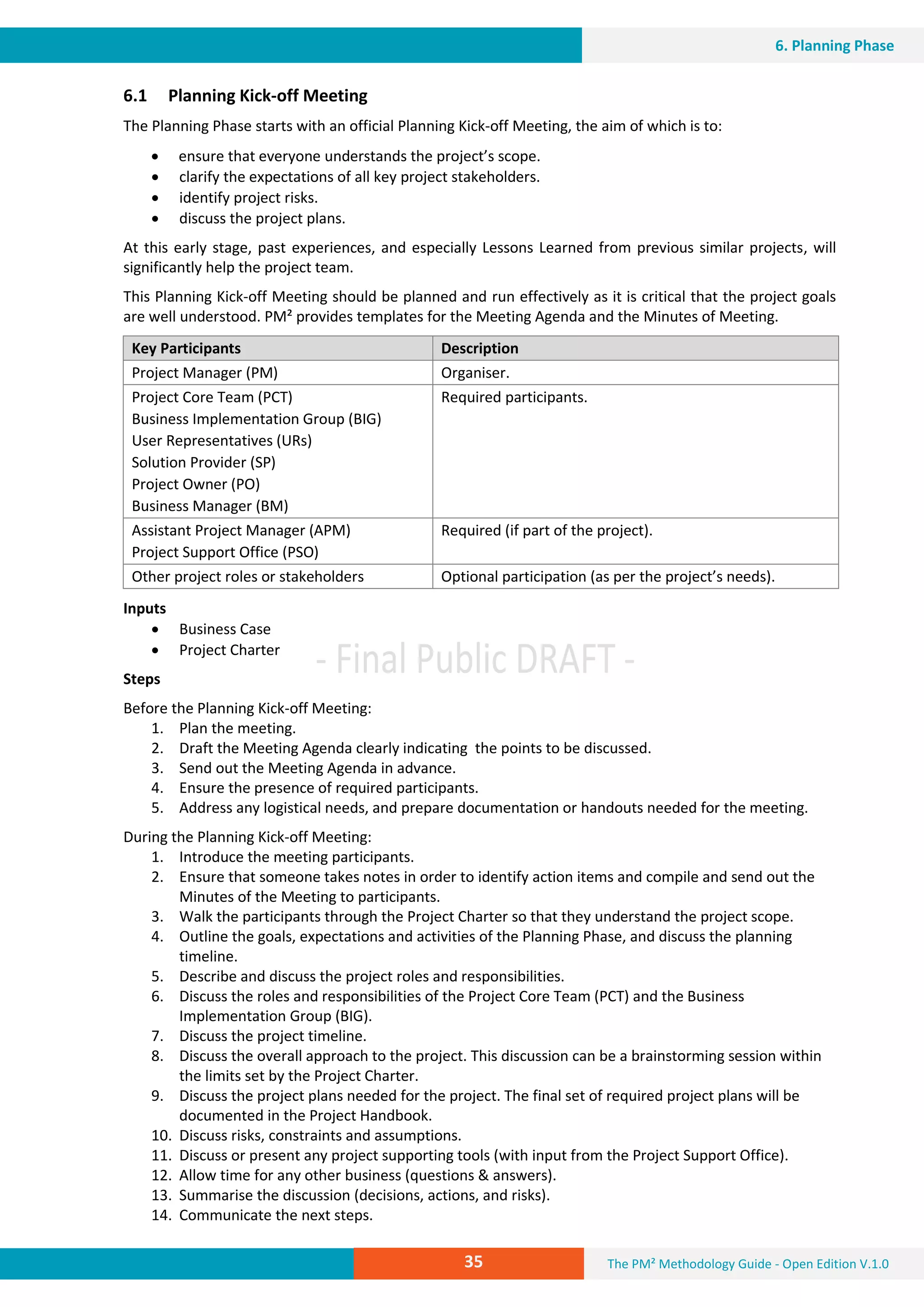 The PM² Methodology Guide - Open Edition V.1.035
6. Planning Phase
6.1 Planning Kick-off Meeting
The Planning Phase starts with an official Planning Kick-off Meeting, the aim of which is to:
 ensure that everyone understands the project’s scope.
 clarify the expectations of all key project stakeholders.
 identify project risks.
 discuss the project plans.
At this early stage, past experiences, and especially Lessons Learned from previous similar projects, will
significantly help the project team.
This Planning Kick-off Meeting should be planned and run effectively as it is critical that the project goals
are well understood. PM² provides templates for the Meeting Agenda and the Minutes of Meeting.
Key Participants Description
Project Manager (PM) Organiser.
Project Core Team (PCT)
Business Implementation Group (BIG)
User Representatives (URs)
Solution Provider (SP)
Project Owner (PO)
Business Manager (BM)
Required participants.
Assistant Project Manager (APM)
Project Support Office (PSO)
Required (if part of the project).
Other project roles or stakeholders Optional participation (as per the project’s needs).
Inputs
 Business Case
 Project Charter
Steps
Before the Planning Kick-off Meeting:
1. Plan the meeting.
2. Draft the Meeting Agenda clearly indicating the points to be discussed.
3. Send out the Meeting Agenda in advance.
4. Ensure the presence of required participants.
5. Address any logistical needs, and prepare documentation or handouts needed for the meeting.
During the Planning Kick-off Meeting:
1. Introduce the meeting participants.
2. Ensure that someone takes notes in order to identify action items and compile and send out the
Minutes of the Meeting to participants.
3. Walk the participants through the Project Charter so that they understand the project scope.
4. Outline the goals, expectations and activities of the Planning Phase, and discuss the planning
timeline.
5. Describe and discuss the project roles and responsibilities.
6. Discuss the roles and responsibilities of the Project Core Team (PCT) and the Business
Implementation Group (BIG).
7. Discuss the project timeline.
8. Discuss the overall approach to the project. This discussion can be a brainstorming session within
the limits set by the Project Charter.
9. Discuss the project plans needed for the project. The final set of required project plans will be
documented in the Project Handbook.
10. Discuss risks, constraints and assumptions.
11. Discuss or present any project supporting tools (with input from the Project Support Office).
12. Allow time for any other business (questions & answers).
13. Summarise the discussion (decisions, actions, and risks).
14. Communicate the next steps.
 
