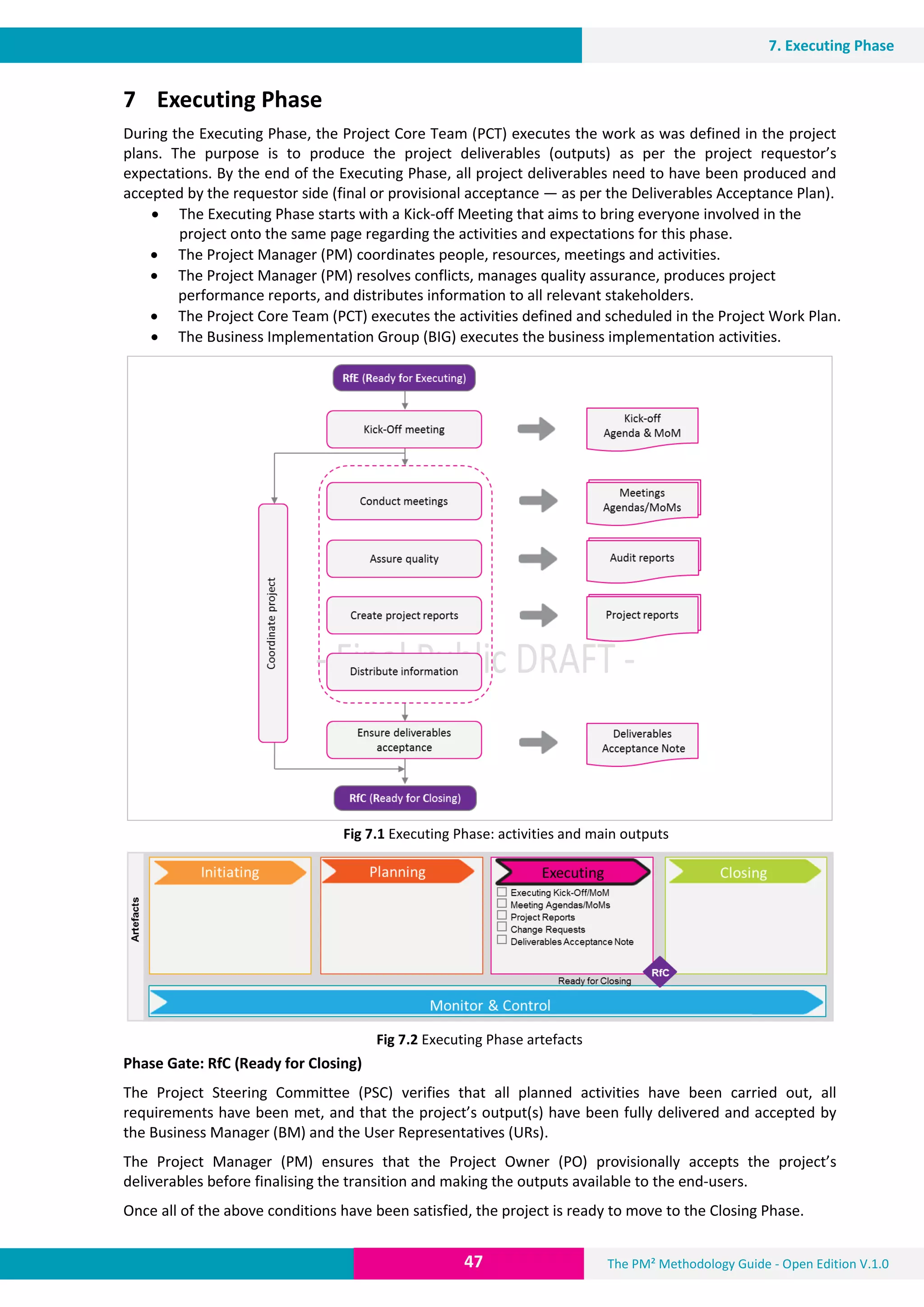 The PM² Methodology Guide - Open Edition V.1.047
7. Executing Phase
7 Executing Phase
During the Executing Phase, the Project Core Team (PCT) executes the work as was defined in the project
plans. The purpose is to produce the project deliverables (outputs) as per the project requestor’s
expectations. By the end of the Executing Phase, all project deliverables need to have been produced and
accepted by the requestor side (final or provisional acceptance — as per the Deliverables Acceptance Plan).
 The Executing Phase starts with a Kick-off Meeting that aims to bring everyone involved in the
project onto the same page regarding the activities and expectations for this phase.
 The Project Manager (PM) coordinates people, resources, meetings and activities.
 The Project Manager (PM) resolves conflicts, manages quality assurance, produces project
performance reports, and distributes information to all relevant stakeholders.
 The Project Core Team (PCT) executes the activities defined and scheduled in the Project Work Plan.
 The Business Implementation Group (BIG) executes the business implementation activities.
Fig 7.1 Executing Phase: activities and main outputs
Fig 7.2 Executing Phase artefacts
Phase Gate: RfC (Ready for Closing)
The Project Steering Committee (PSC) verifies that all planned activities have been carried out, all
requirements have been met, and that the project’s output(s) have been fully delivered and accepted by
the Business Manager (BM) and the User Representatives (URs).
The Project Manager (PM) ensures that the Project Owner (PO) provisionally accepts the project’s
deliverables before finalising the transition and making the outputs available to the end-users.
Once all of the above conditions have been satisfied, the project is ready to move to the Closing Phase.
 