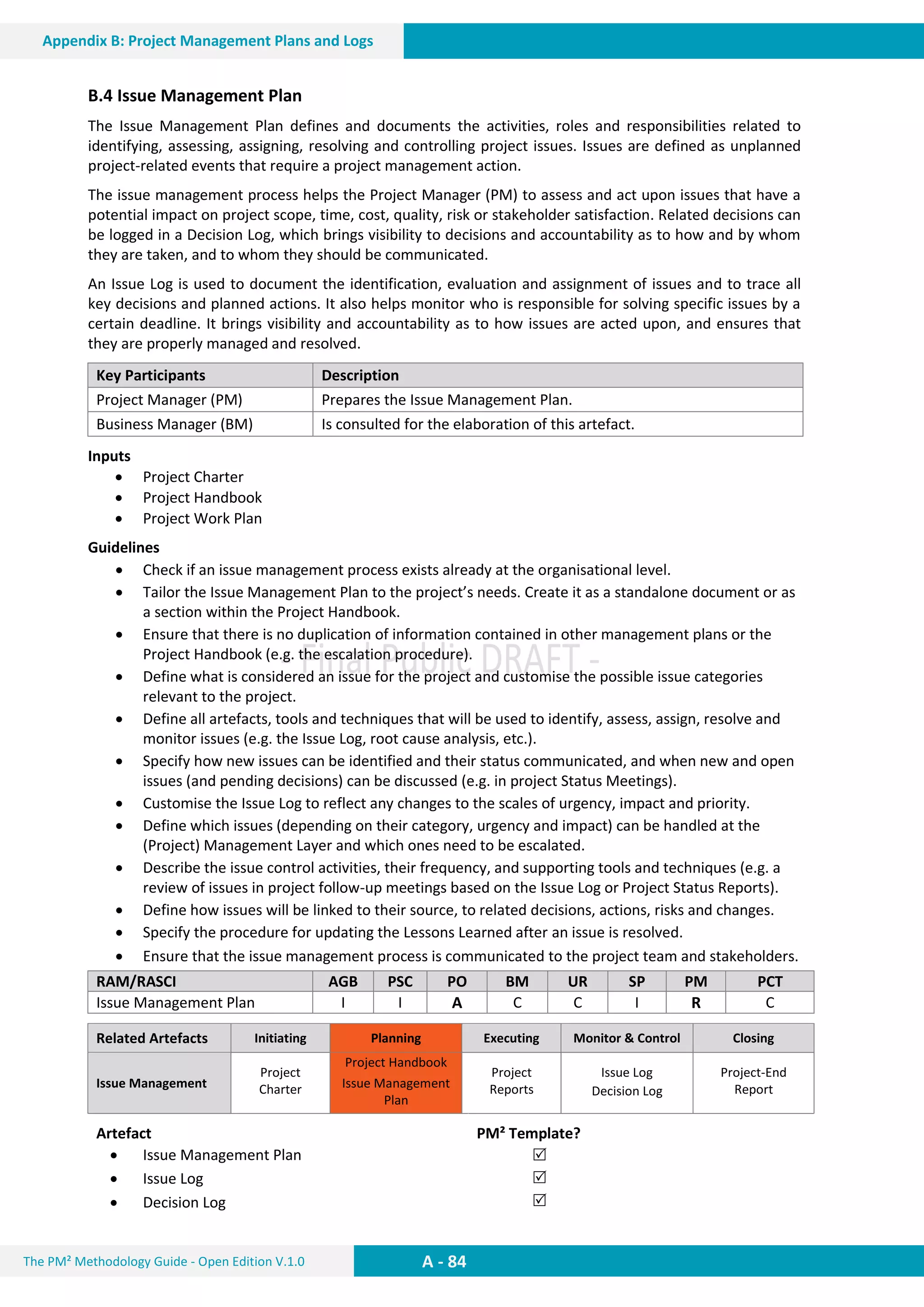 The PM² Methodology Guide - Open Edition V.1.0
Guide
A - 84
Appendix B: Project Management Plans and Logs
B.4 Issue Management Plan
The Issue Management Plan defines and documents the activities, roles and responsibilities related to
identifying, assessing, assigning, resolving and controlling project issues. Issues are defined as unplanned
project-related events that require a project management action.
The issue management process helps the Project Manager (PM) to assess and act upon issues that have a
potential impact on project scope, time, cost, quality, risk or stakeholder satisfaction. Related decisions can
be logged in a Decision Log, which brings visibility to decisions and accountability as to how and by whom
they are taken, and to whom they should be communicated.
An Issue Log is used to document the identification, evaluation and assignment of issues and to trace all
key decisions and planned actions. It also helps monitor who is responsible for solving specific issues by a
certain deadline. It brings visibility and accountability as to how issues are acted upon, and ensures that
they are properly managed and resolved.
Key Participants Description
Project Manager (PM) Prepares the Issue Management Plan.
Business Manager (BM) Is consulted for the elaboration of this artefact.
Inputs
 Project Charter
 Project Handbook
 Project Work Plan
Guidelines
 Check if an issue management process exists already at the organisational level.
 Tailor the Issue Management Plan to the project’s needs. Create it as a standalone document or as
a section within the Project Handbook.
 Ensure that there is no duplication of information contained in other management plans or the
Project Handbook (e.g. the escalation procedure).
 Define what is considered an issue for the project and customise the possible issue categories
relevant to the project.
 Define all artefacts, tools and techniques that will be used to identify, assess, assign, resolve and
monitor issues (e.g. the Issue Log, root cause analysis, etc.).
 Specify how new issues can be identified and their status communicated, and when new and open
issues (and pending decisions) can be discussed (e.g. in project Status Meetings).
 Customise the Issue Log to reflect any changes to the scales of urgency, impact and priority.
 Define which issues (depending on their category, urgency and impact) can be handled at the
(Project) Management Layer and which ones need to be escalated.
 Describe the issue control activities, their frequency, and supporting tools and techniques (e.g. a
review of issues in project follow-up meetings based on the Issue Log or Project Status Reports).
 Define how issues will be linked to their source, to related decisions, actions, risks and changes.
 Specify the procedure for updating the Lessons Learned after an issue is resolved.
 Ensure that the issue management process is communicated to the project team and stakeholders.
RAM/RASCI AGB PSC PO BM UR SP PM PCT
Issue Management Plan I I A C C I R C
Related Artefacts Initiating Planning Executing Monitor & Control Closing
Issue Management
Project
Charter
Project Handbook
Issue Management
Plan
Project
Reports
Issue Log
Decision Log
Project-End
Report
Artefact PM² Template?
 Issue Management Plan
 Issue Log
 Decision Log



 