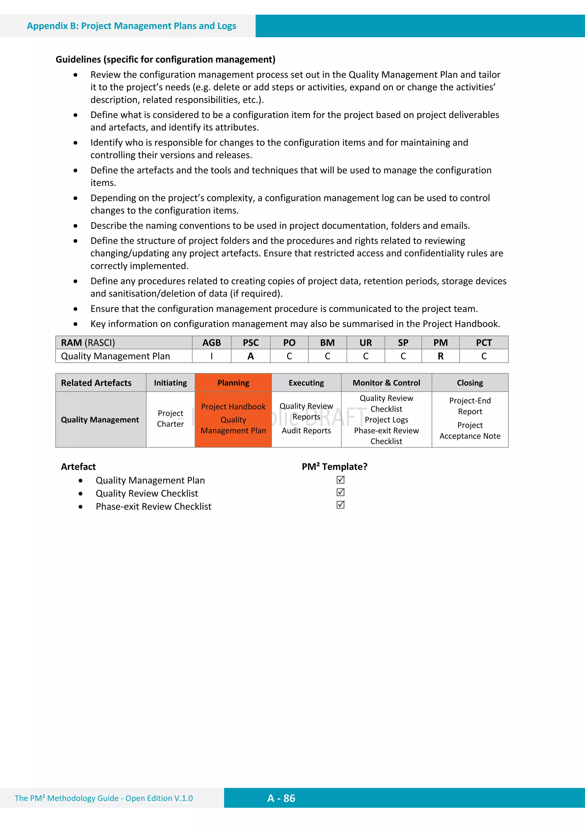 The PM² Methodology Guide - Open Edition V.1.0
Guide
A - 86
Appendix B: Project Management Plans and Logs
Guidelines (specific for configuration management)
 Review the configuration management process set out in the Quality Management Plan and tailor
it to the project’s needs (e.g. delete or add steps or activities, expand on or change the activities’
description, related responsibilities, etc.).
 Define what is considered to be a configuration item for the project based on project deliverables
and artefacts, and identify its attributes.
 Identify who is responsible for changes to the configuration items and for maintaining and
controlling their versions and releases.
 Define the artefacts and the tools and techniques that will be used to manage the configuration
items.
 Depending on the project’s complexity, a configuration management log can be used to control
changes to the configuration items.
 Describe the naming conventions to be used in project documentation, folders and emails.
 Define the structure of project folders and the procedures and rights related to reviewing
changing/updating any project artefacts. Ensure that restricted access and confidentiality rules are
correctly implemented.
 Define any procedures related to creating copies of project data, retention periods, storage devices
and sanitisation/deletion of data (if required).
 Ensure that the configuration management procedure is communicated to the project team.
 Key information on configuration management may also be summarised in the Project Handbook.
RAM (RASCI) AGB PSC PO BM UR SP PM PCT
Quality Management Plan I A C C C C R C
Related Artefacts Initiating Planning Executing Monitor & Control Closing
Quality Management
Project
Charter
Project Handbook
Quality
Management Plan
Quality Review
Reports
Audit Reports
Quality Review
Checklist
Project Logs
Phase-exit Review
Checklist
Project-End
Report
Project
Acceptance Note
Artefact PM² Template?
 Quality Management Plan
 Quality Review Checklist
 Phase-exit Review Checklist
 
 
 
 