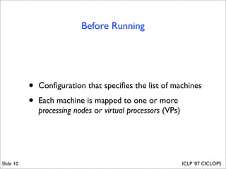 Before Running




           •   Conﬁguration that speciﬁes the list of machines

           •   Each machine is mapped to one or more
               processing nodes or virtual processors (VPs)




Slide 10                                                      ICLP ’07 CICLOPS
 