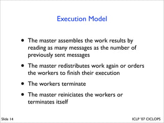 Execution Model


           •   The master assembles the work results by
               reading as many messages as the number of
               previously sent messages

           •   The master redistributes work again or orders
               the workers to ﬁnish their execution

           •   The workers terminate

           •   The master reiniciates the workers or
               terminates itself

Slide 14                                               ICLP ’07 CICLOPS
 
