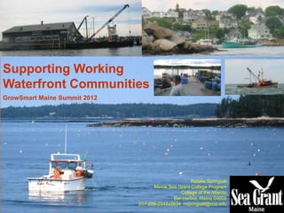 Supporting Working
Waterfront Communities
GrowSmart Maine Summit 2012




                                                    Natalie Springuel
                                    Maine Sea Grant College Program
                                               College of the Atlantic
                                            Bar Harbor, Maine 04609
                              207-288-2944x5834 nspringuel@coa.edu
 