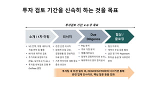 투자 검토 기간을 신속히 하는 것을 목표
소개 / 1차 미팅 리서치
Due
Diligence
협상 /
클로징
▪ VC 인맥, 우형 내부소개,
직접 연락 등 활용
▪ IR 자료 위주로 검토
▪ 추가자료 요청하기도
(P&L, 실사보고서, etc.)
▪ 투자팀 내부검토 진행 후
Go/Pass 결정
▪ 관련 산업 리서치
▪ 잠재적 산업 규모,
경쟁현황 등 전반적인
자료 분석 진행
▪ 기존 투자자와 대화 등도
중요 포인트
▪ P&L 분석
▪ 주요 가정 분석
▪ 법률/재무실사
▪ 잠재적 공동투자자와 논의
▪ 해외투자의 경우 현지실사
▪ 텀싯 마무리
▪ 계약서 주요 내용 협의
▪ 날인 및 기타 Paperwork
▪ 투자금 송금 및 사후관리
준비
투자팀 내 의견 일치 후, CEO/CFO/CTO와의 디스커션 통해
관련 업계 인사이트, 핵심 질문 등을 강화
투자검토 기간: 4~8 주 목표
 