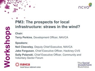 Workshops
PM3: The prospects for local
infrastructure: straws in the wind?
Chair:
Terry Perkins, Development Officer, NAVCA
Speakers:
Neil Cleeveley, Deputy Chief Executive, NAVCA
Jake Ferguson, Chief Executive Officer, Hackney CVS
Sally Polanski, Chief Executive Officer, Community and
Voluntary Sector Forum
 