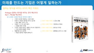 11
미래를 만드는 기업은 어떻게 일하는가
일하는 방식을 바꾸는 8가지 혁신 키워드
Prologue 일하는 방식을 바꾸는 것이 혁신이다
Part 1. 혁신을 혁신하라.
01 스마트 시대의 혁신은 무엇이 다른가
• 기계가 인간에 적응하는 시대가 왔다
• 트렌드나 게임의 법칙을 바꾸고 싶다면 - 스마트 시대의 키워드: 느낌 & 경험
+ 본능, 행동 그리고 사고
• 사람은 그 누구도 같지 않다 - 스마트 시대의 키워드: 개인화 & 다양성
+ 사람을 위한 디지털
• 스마트 시대의 창조는 ‘발명’이 아니라 ‘연결’이다 - 스마트 시대의 키워드: 창의 & 디자인
+ 가장 강력한 방법론, 디자인
• 애플처럼 되고 싶다면 - 스마트 시대의 키워드: 플랫폼 & 비즈니스 모델
+ 게임의 법칙은 어떻게 변하는가
 
