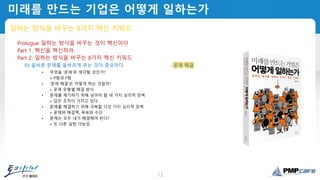 13
미래를 만드는 기업은 어떻게 일하는가
일하는 방식을 바꾸는 8가지 혁신 키워드
Prologue 일하는 방식을 바꾸는 것이 혁신이다
Part 1. 혁신을 혁신하라.
Part 2. 일하는 방식을 바꾸는 8가지 혁신 키워드
03 올바른 문제를 올바르게 푸는 것이 중요하다 - 문제 해결
• 무엇을 ‘문제’로 생각할 것인가?
+ P형과 F형
• ‘문제 해결’은 어떻게 하는 것일까?
+ 문제 유형별 해결 방식
• 문제를 제기하기 위해 넘어야 할 네 가지 심리적 장벽
+ 답은 조직이 가지고 있다
• 문제를 해결하기 위해 극복할 다섯 가지 심리적 장벽
+ 문제와 해결책, 목표와 수단
• 문제는 모두 내가 해결해야 한다?
+ 또 다른 실현 가능성
 