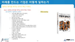 18
미래를 만드는 기업은 어떻게 일하는가
일하는 방식을 바꾸는 8가지 혁신 키워드
Part 2. 일하는 방식을 바꾸는 8가지 혁신 키워드
08 상상력이 기술력보다 강하다 - 창의, Creativity
• ‘다른’ 답을 ‘즐겁게’ 찾는 것이 창의다
+ 상자 안 생각, 상자 밖 생각
+ 수평적 사고의 가능성
• 피타고라스의 하늘
• 창의성에 대한 오해와 이해
+ 창의성은 타고나는 것이며 배울 수 없다
+ 창의성은 어릴수록 좋다
+ 창의는 개인의 전유물이다
+ 창의적인 사람은 괴상망측하다
+ 창의성은 아주 대단한 아이디어 하나를 생각하는 것이다
+ 창의는 우연한 순간에 번뜩이는 것으로 찰나에 다가온다
• 단 하나의 정답은 없다
+ 논리적 vs. 창의적
+ 효율적 vs. 창의적
+ No. 1 vs. 창의
+ 연결 그리고 관계성
• 게임의 법칙이 완전히 바뀌는 순간
+ 균형 감각이 필요하다
• 창의적 기업은 어떻게 일하는가?
+ 상상력의 힘
 