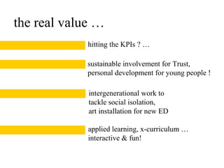 hitting the KPIs ? …
sustainable involvement for Trust,
personal development for young people !
the real value …
applied learning, x-curriculum …
interactive & fun!
intergenerational work to
tackle social isolation,
art installation for new ED
 