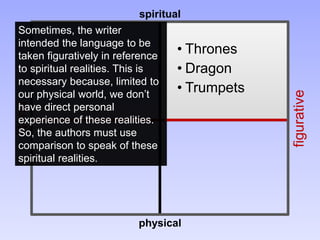 • Thrones
• Dragon
• Trumpets
figurative
literal
spiritual
physical
Sometimes, the writer
intended the language to be
taken figuratively in reference
to spiritual realities. This is
necessary because, limited to
our physical world, we don’t
have direct personal
experience of these realities.
So, the authors must use
comparison to speak of these
spiritual realities.
 