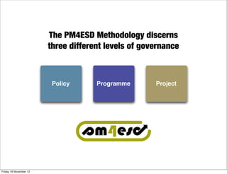 The PM4ESD Methodology discerns
                        three different levels of governance



                         Policy      Programme       Project




Friday 16 November 12
 