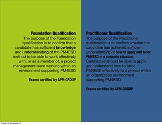 Foundation Qualiﬁcation      Practitioner Qualiﬁcation
                  The purpose of the Foundation       The purpose of the Practitioner
                 qualiﬁcation is to conﬁrm that a     qualiﬁcation is to conﬁrm whether the
             candidate has suﬃcient knowledge         candidate has achieved suﬃcient
             and understanding of the PM4ESD          understanding of how to apply and tailor
            method to be able to work eﬀectively      PM4ESD in a scenario situation.
               with, or as a member of, a project     Candidates should be able to apply
            management team working within an         and understand how to tailor
               environment supporting PM4ESD          PM4ESD eﬀectively to a project within
                                                      an organization environment
                        Exams certiﬁed by APM GROUP   supporting PM4ESD.

                                                      Exams certiﬁed by APM GROUP




Friday 16 November 12
 
