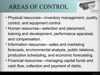 AREAS OF CONTROL
• Physical resources—inventory management, quality
control, and equipment control.
• Human resources—selection and placement,
training and development, performance appraisal,
and compensation.
• Information resources—sales and marketing
forecasts, environmental analysis, public relations,
production scheduling, and economic forecasting.
• Financial resources—managing capital funds and
cash flow, collection and payment of debts.
 