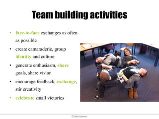 @elodescharmes
Team building activities
• face-to-face exchanges as often
as possible
• create camaraderie, group
identity and culture
• generate enthusiasm, share
goals, share vision
• encourage feedback, exchange,
stir creativity
• celebrate small victories
 
