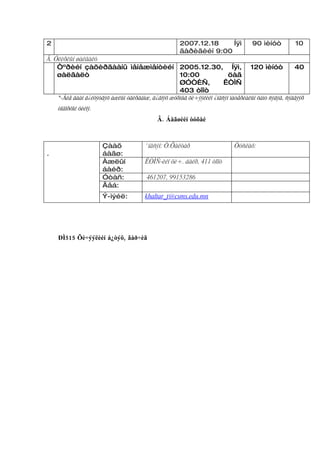 2                                                   2007.12.18    Íÿì            90 ìèíóò         10
                                                    ãàðèãèéí 9:00
Â. Óëèðëûí øàëãàëò
    Òºðèéí çàõèðãààíû ìåíåæìåíòèéí 2005.12.30, Íÿì,                             120 ìèíóò         40
    øàëãàëò                        10:00       öàã
                                   ØÓÒÈÑ,     ÊÒÌÑ
                                   403 òîîò
    *-Áèå äààí ã¿éöýòãýõ àæëûí óäèðäàìæ, ä¿ãíýõ æóðìûã õè÷ýýëèéí ¿íäñýí ìàòåðèàëûí õàìò ñýäýâ, ñýäâýýð
    òîäîðõîé õèéíý.
                                           Â. Áàãøèéí òóõàé



                      Çààõ            ¯íäñýí: Ò.Õàëòàð                    Òóñëàõ:
.                     áàãø:
                      Àæëûí           ÊÒÌÑ-èéí õè÷. áàéð, 411 òîîò
                      áàéð:
                      Óòàñ:            461207, 99153286
                      Âåá:
                      Ý-ìýéë:         khaltar_t@csms.edu.mn




    ÐÌ515 Õè÷ýýëèéí á¿òýö, ãàð÷èã
 